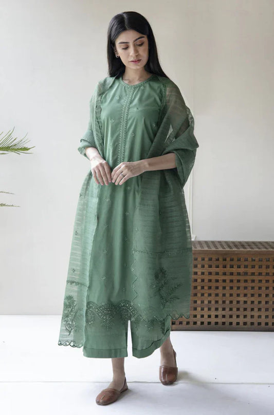 3PC Lawn Embroidered Shirt With Organza Embroidered Dupatta
