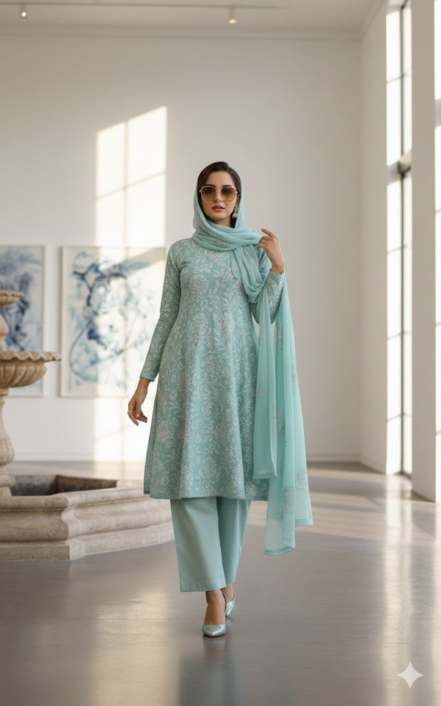 Bareeze Sky 3pc Embroidered in Lawn with Bambar Chiffon Dupata