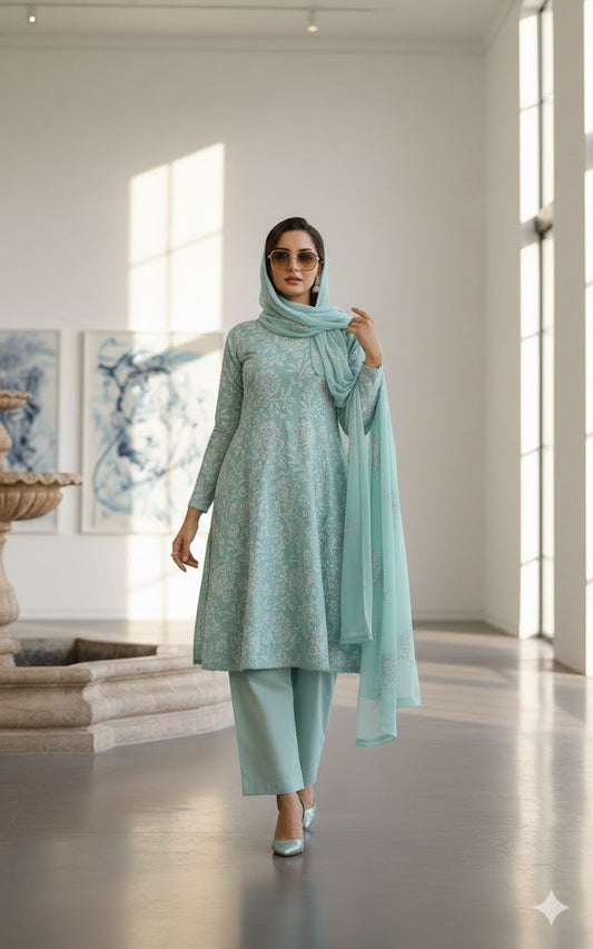 Bareeze Sky 3pc Embroidered in Lawn with Bambar Chiffon Dupata