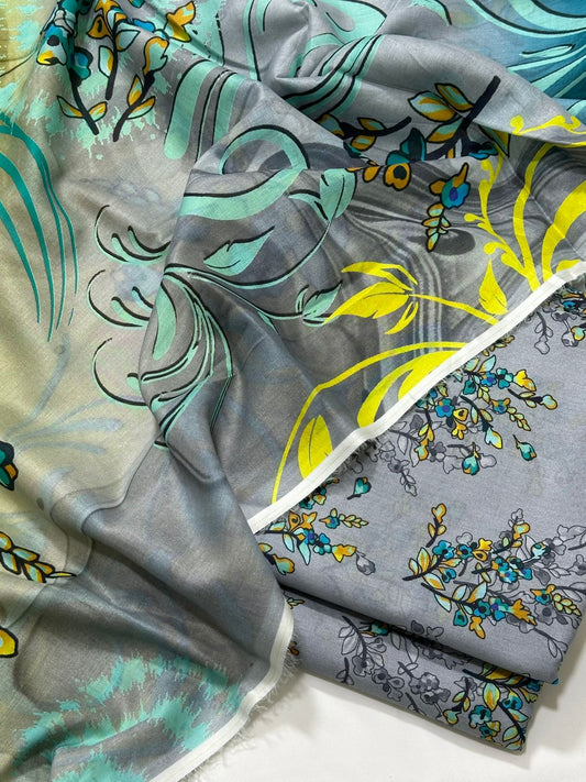 Floral 3PC Lawn Suit with Voile Dupatta