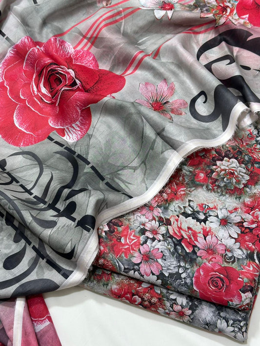 Floral 3PC Lawn Suit with Voile Dupatta